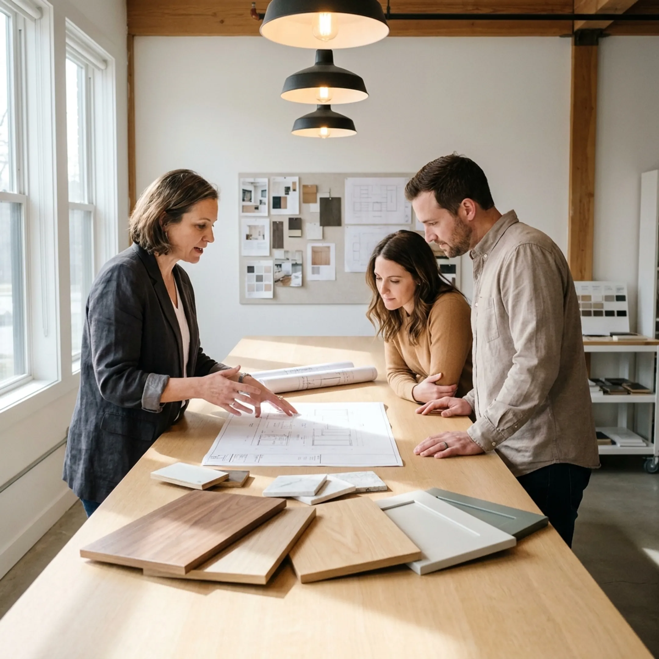 Architect reviewing a custom kitchen remodel design with homeowners