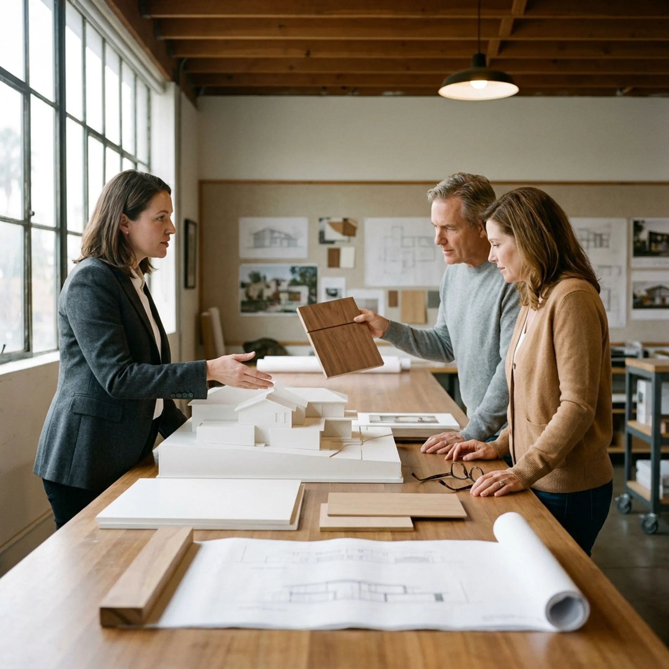 Architect reviewing a refined residential design with a client