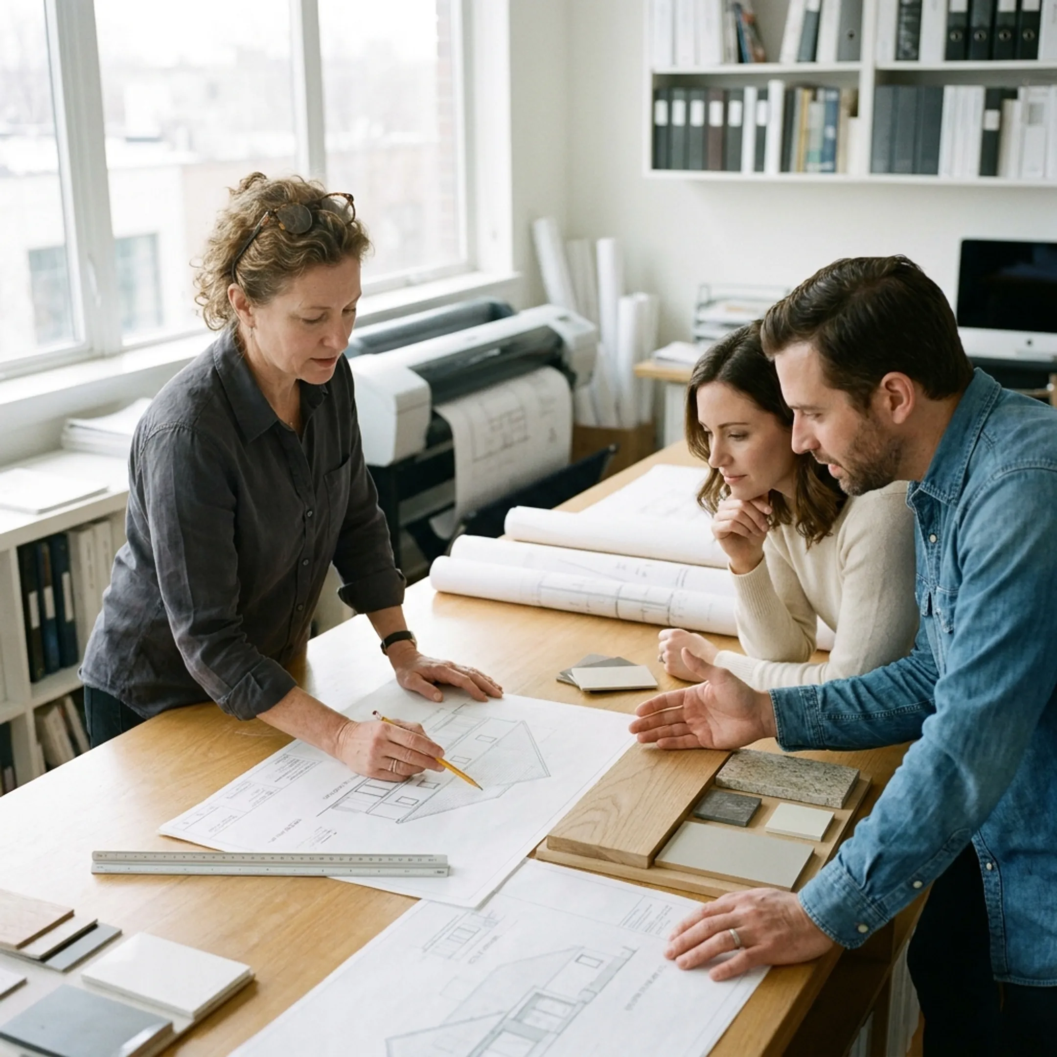Architect reviewing house extension plans with homeowners
