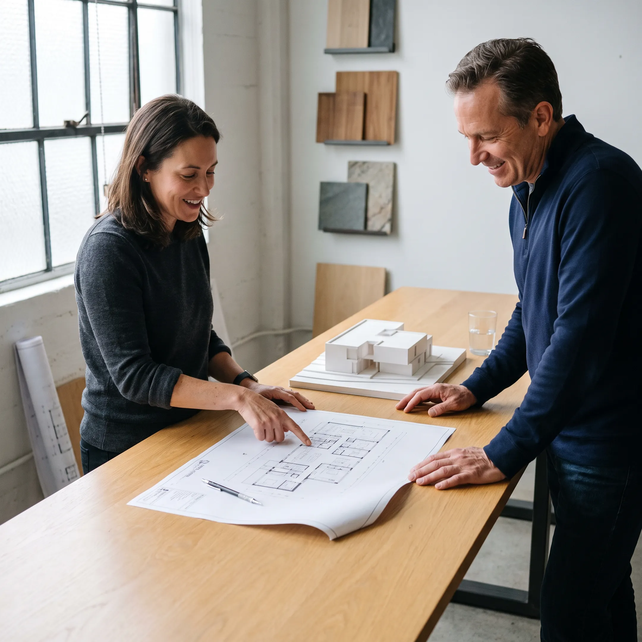 Architect reviewing residential design plans with a client