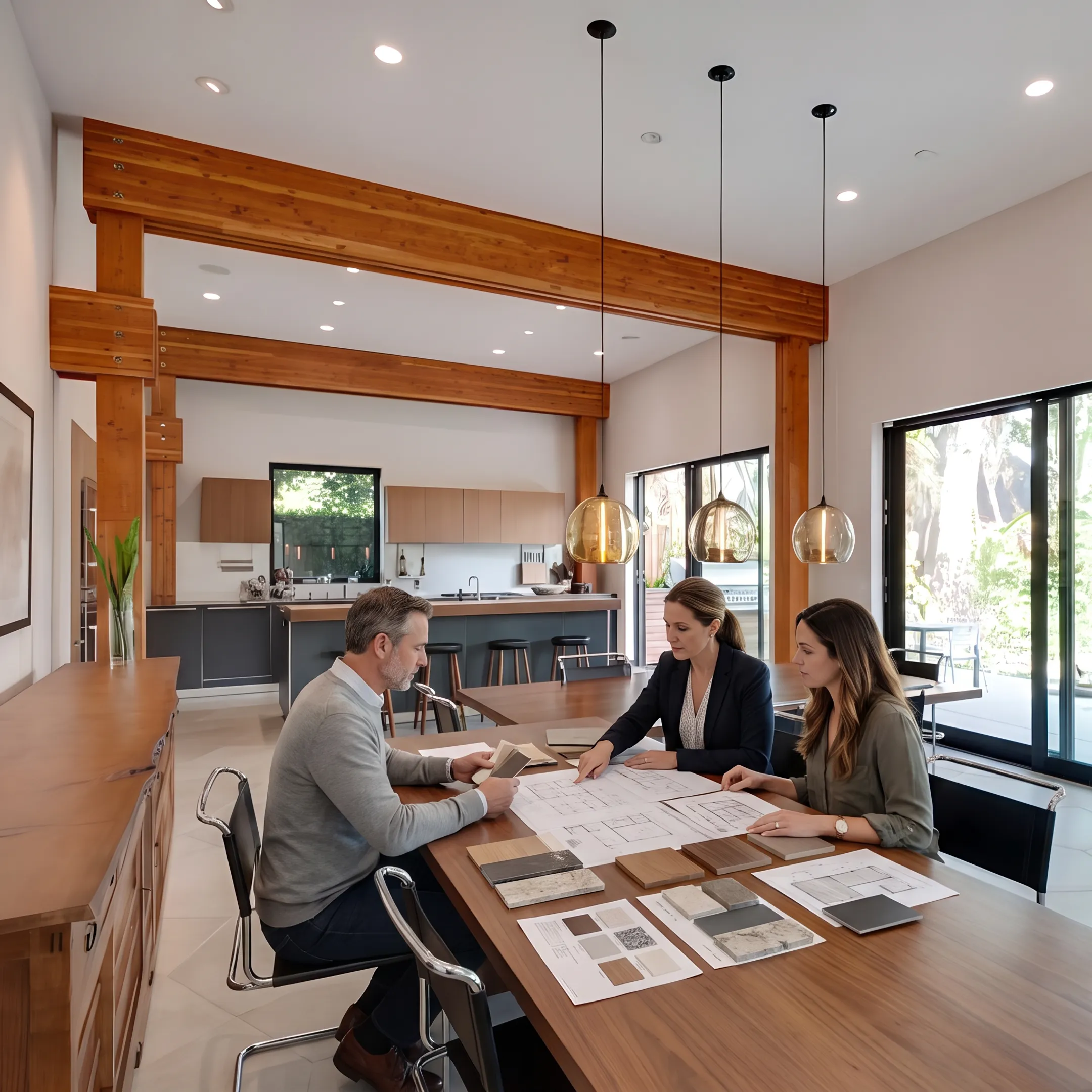 Designer presenting a residential renovation concept using plans and material samples