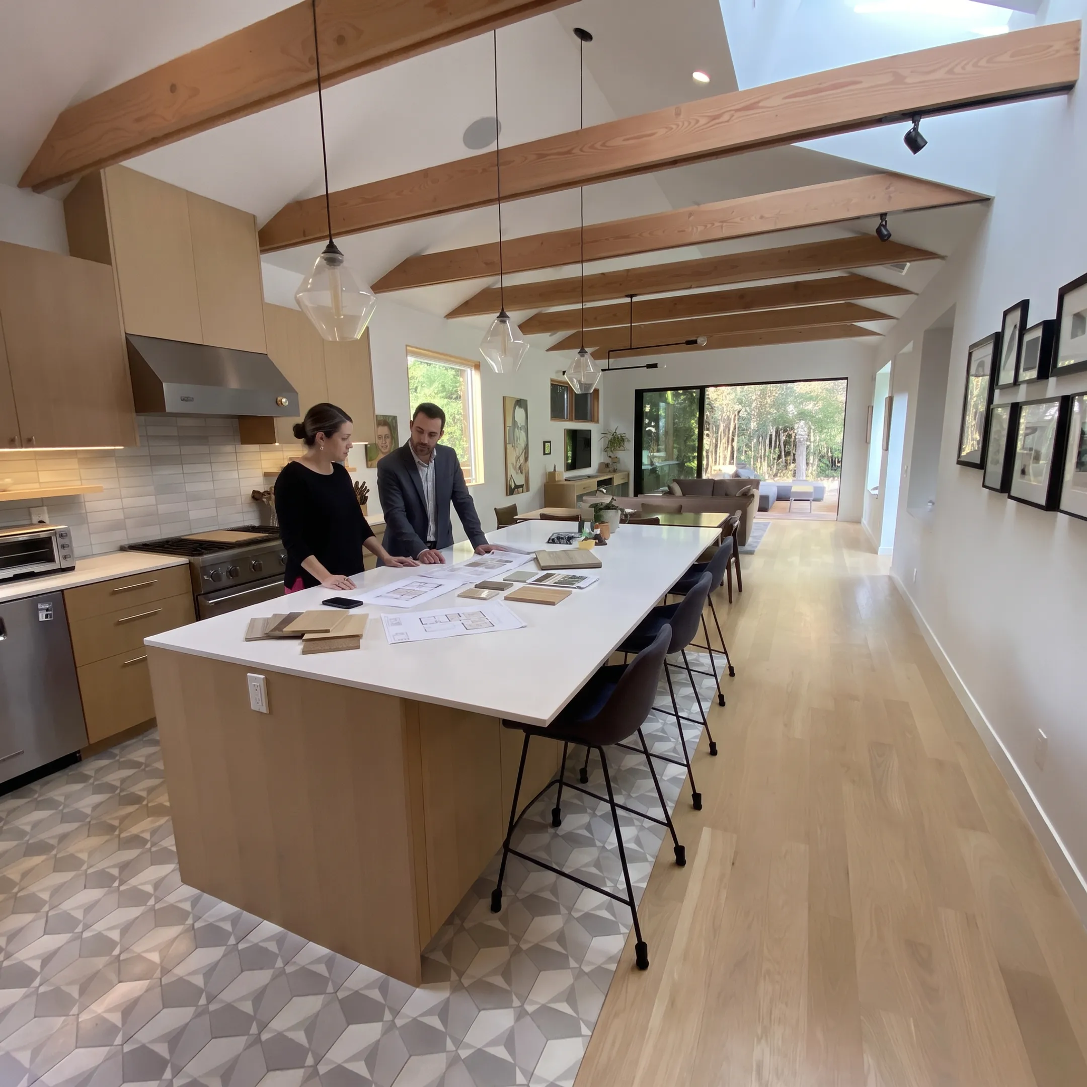 Architect reviewing Santa Monica kitchen remodel plans with homeowner