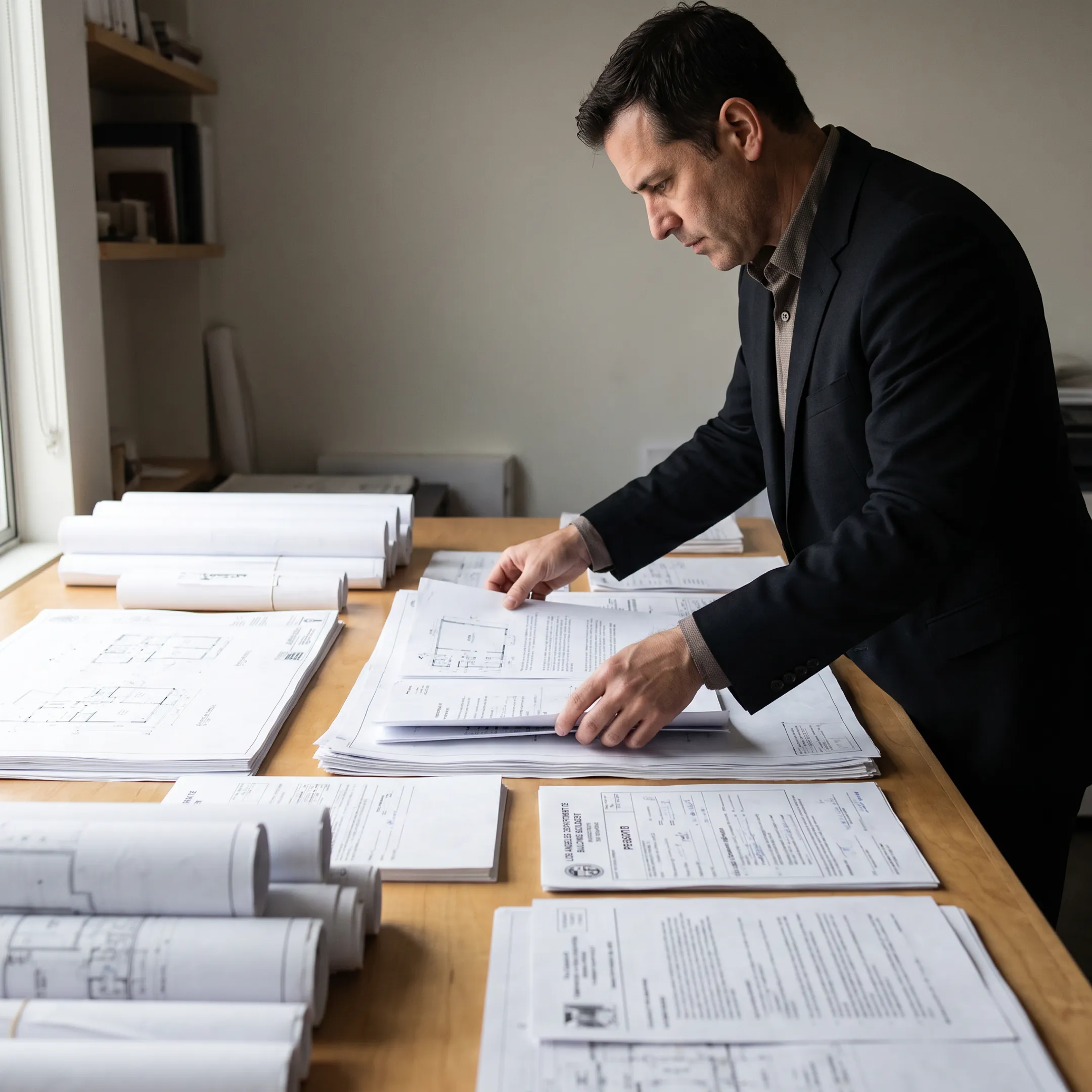 Architect coordinating residential permit plans and project documents