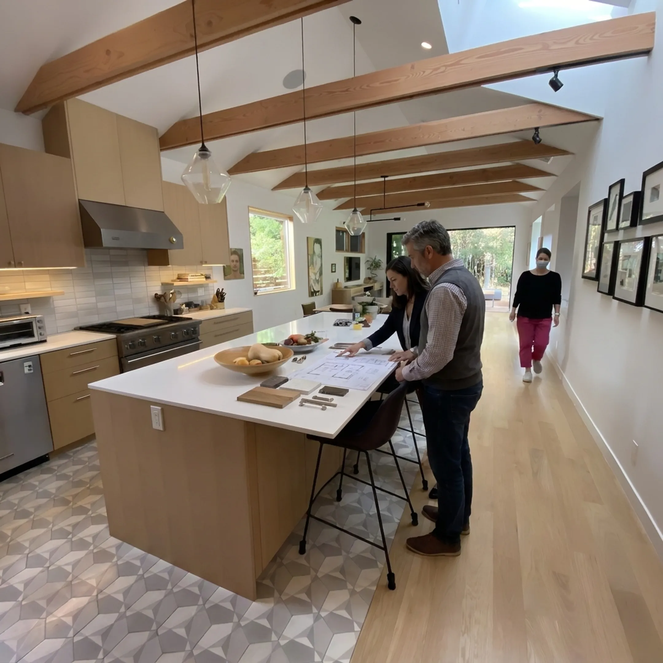 Architect reviewing custom kitchen cabinetry plans with homeowner