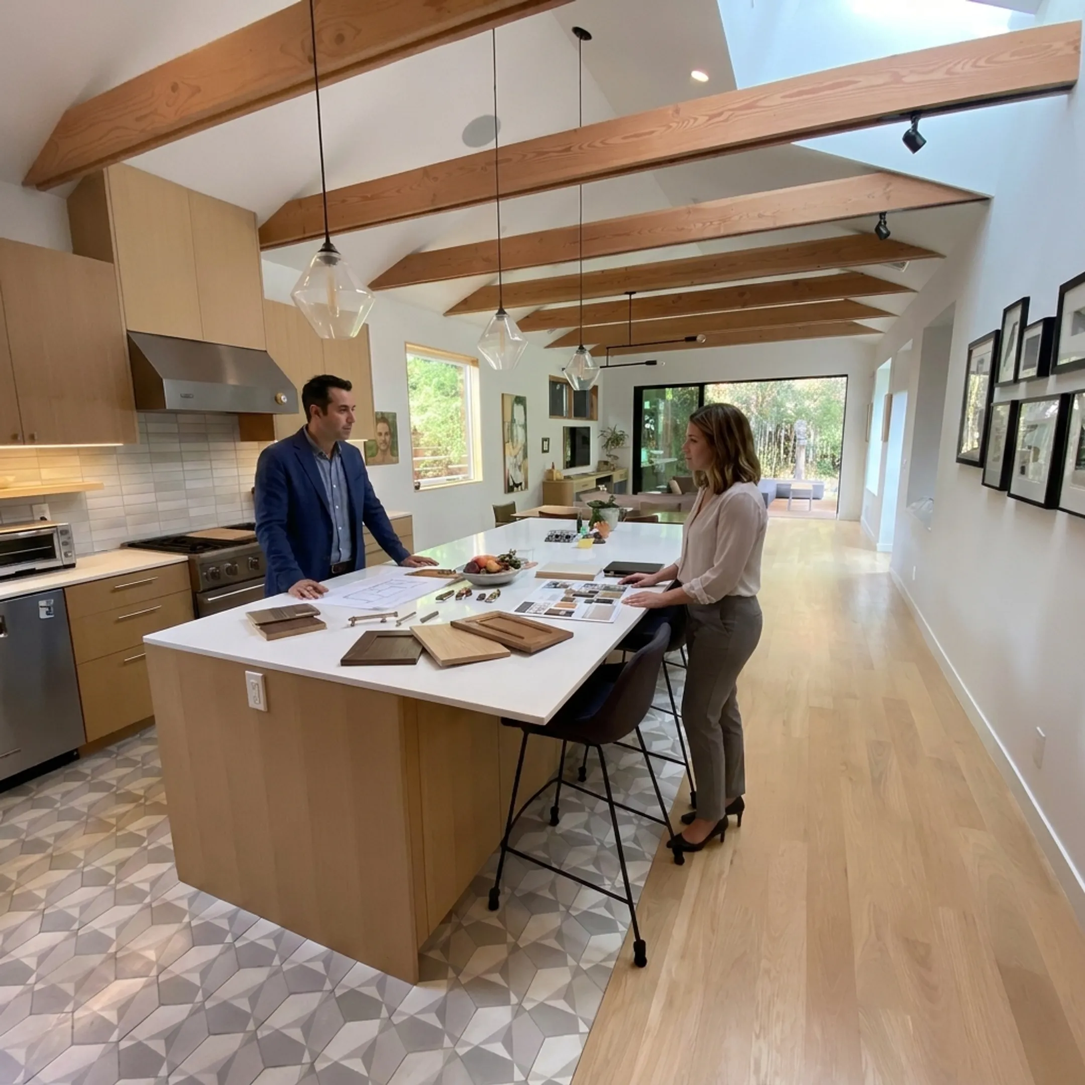 Architectural team reviewing a custom kitchen remodel design in a Burbank home