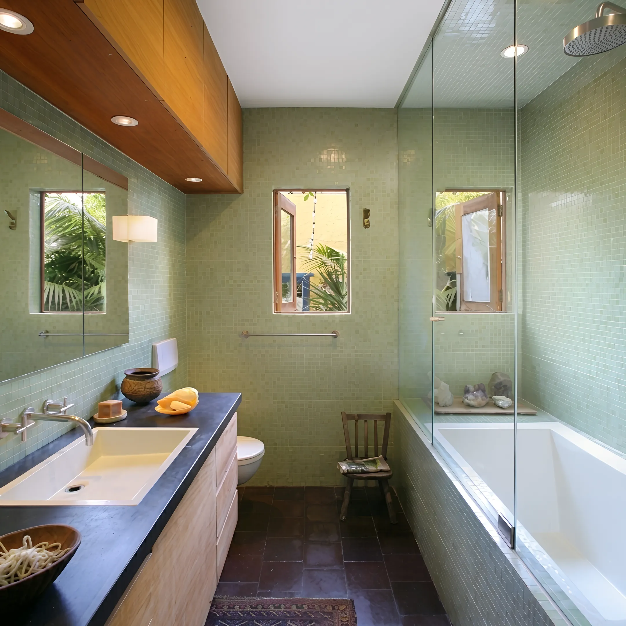 Designer reviewing a refined bathroom renovation concept with a homeowner