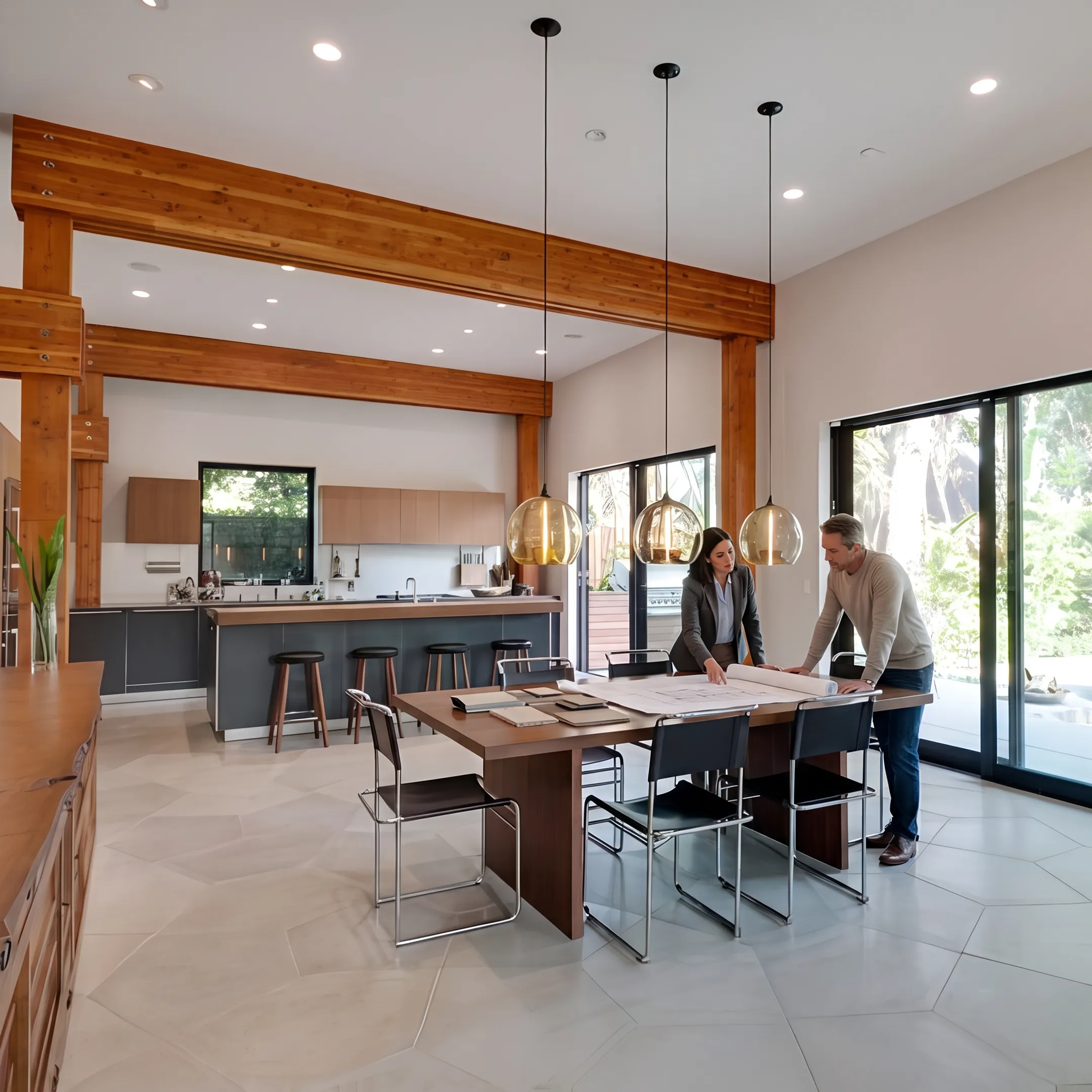 Architect reviewing a refined residential remodel design with custom interior details