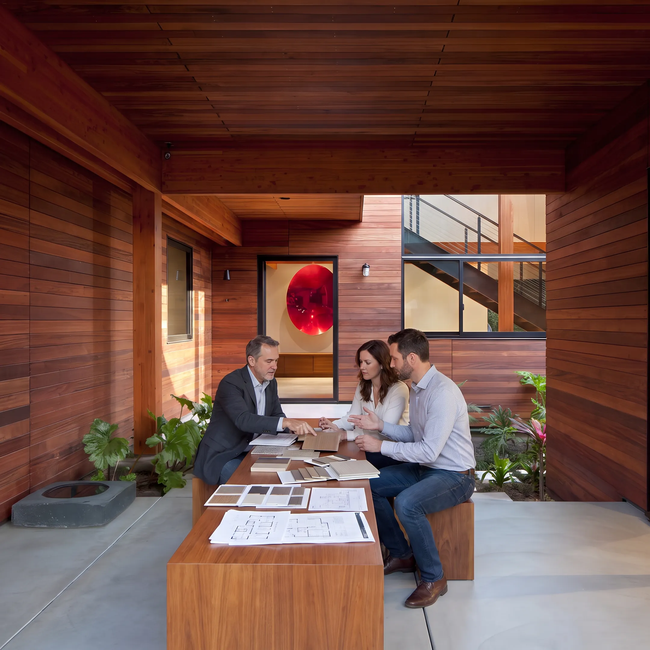 Architect reviewing premium residential remodeling plans with homeowners