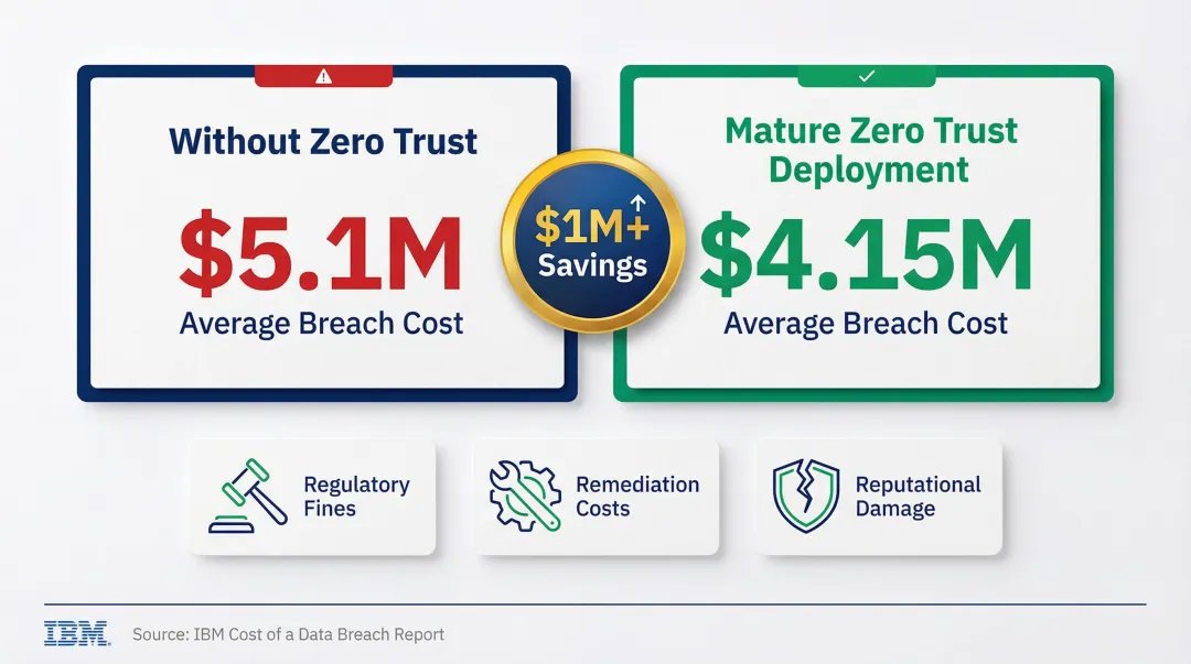 ZTNA breach cost savings comparison showing 1 million dollar financial benefit infographic