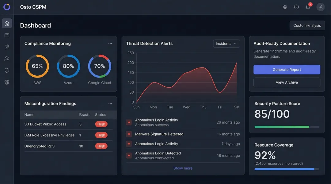 Osto unified cloud security dashboard displaying compliance posture across AWS Azure and GCP