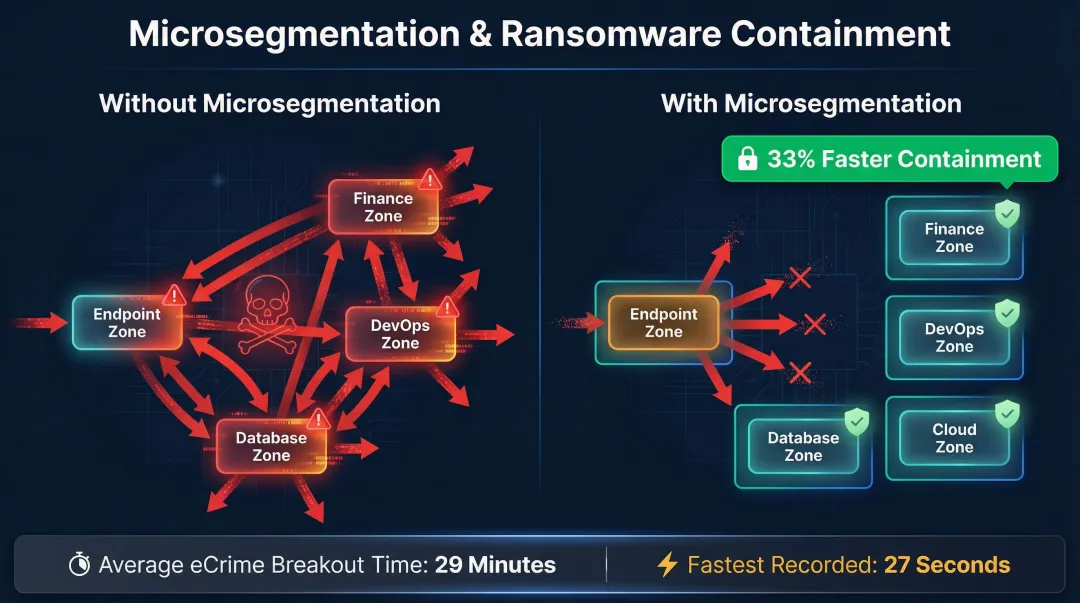 Microsegmentation ransomware containment timeline showing 33 percent faster breach response