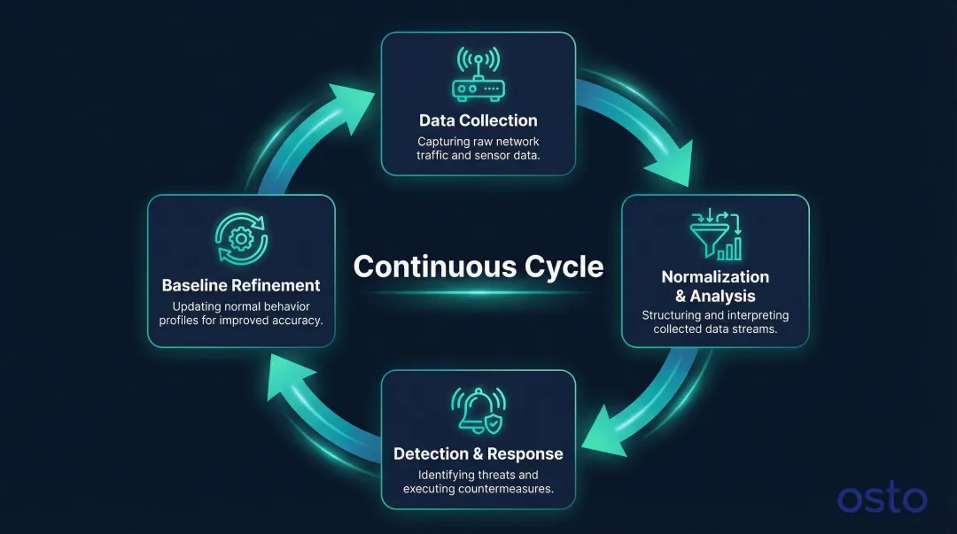 Four-stage NSM continuous cycle from data collection to baseline refinement