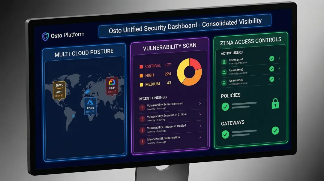 Osto unified security platform dashboard showing multi-cloud posture and vulnerability monitoring