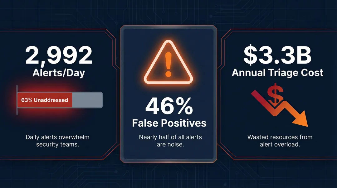 Daily security alert volume statistics showing unaddressed and false positive rates