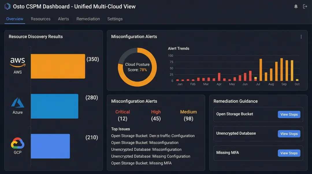 Osto multi-cloud CSPM dashboard displaying unified posture visibility across AWS Azure GCP
