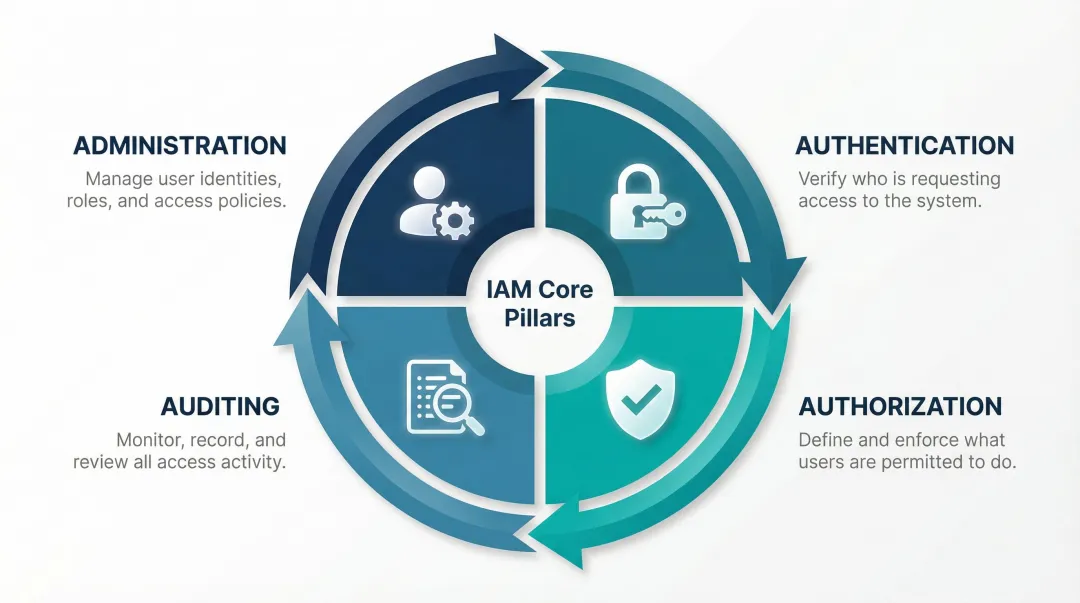 IAM four core pillars cycle diagram administration authentication authorization auditing