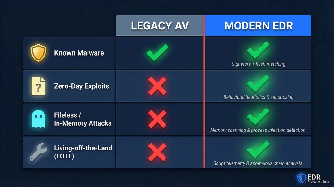 Legacy antivirus versus modern EDR effectiveness comparison table by threat type