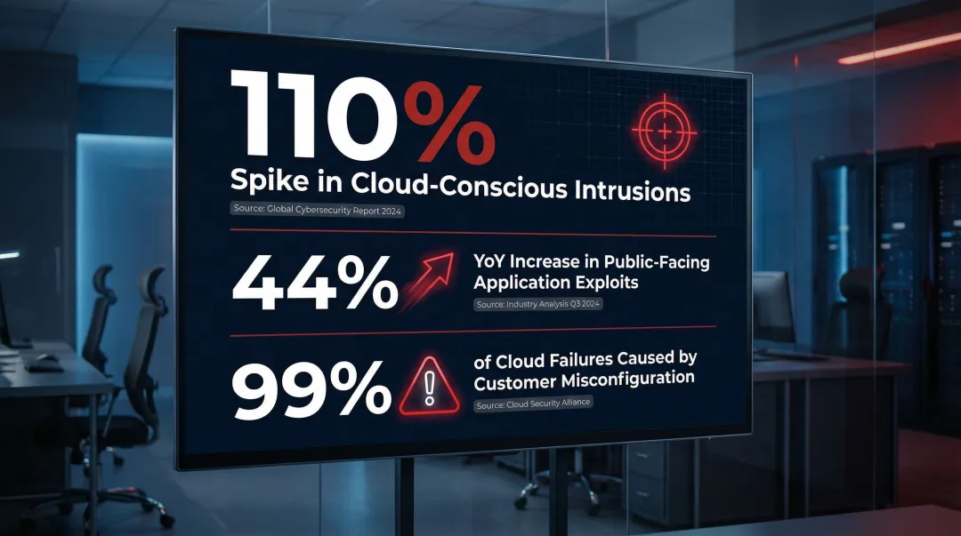 cloud infrastructure attack statistics showing 110% intrusion spike and key threat vectors