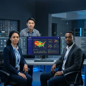 Healthcare IT security team reviewing a unified cybersecurity dashboard for hospital systems