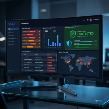 Email security dashboard showing advanced threat protection alerts and blocked phishing attempts