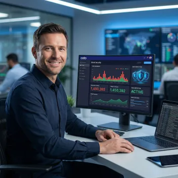 IT security professional reviewing email threat protection analytics on a centralized dashboard