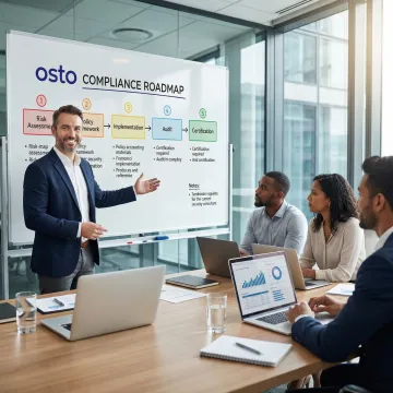 Cybersecurity consultant presenting compliance roadmap steps to a business team