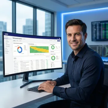 Cybersecurity compliance consultant reviewing security dashboard with cloud infrastructure data