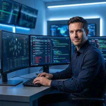 Cybersecurity analyst reviewing threat intelligence data on multiple monitors