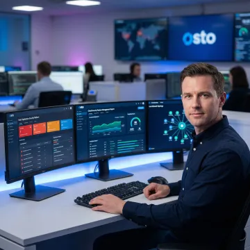 Security engineer implementing an application security platform on multiple screens showing dashboards and threat alerts