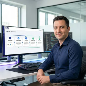 Cloud security engineer following a structured assessment process with a multi-step workflow on screen
