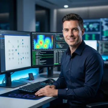 Cybersecurity professional conducting wireless penetration testing on a laptop in a network operations environment