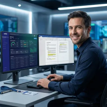 Cybersecurity analyst reviewing security policies on a dashboard