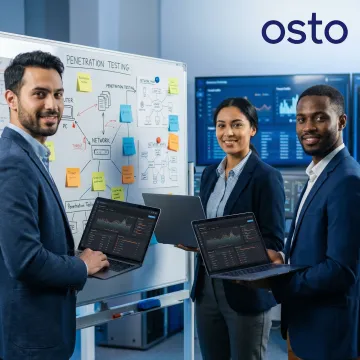 Penetration testing team reviewing security assessment process steps on a whiteboard