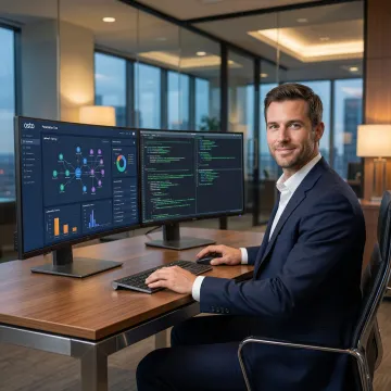 Penetration testing consultant reviewing financial system vulnerability reports in a Boston office