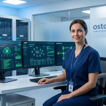 Healthcare IT professional managing cloud security dashboard in a hospital setting