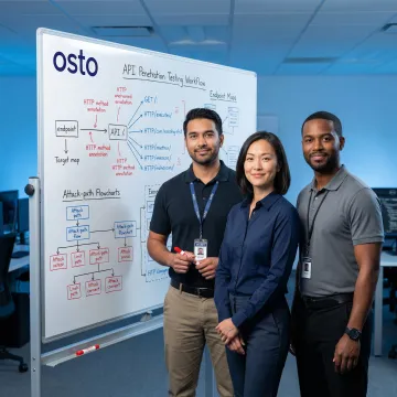 Cybersecurity team reviewing API penetration testing methodology steps on a whiteboard