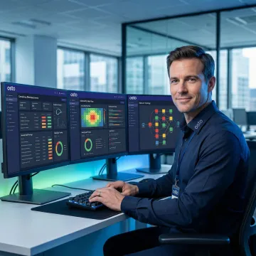 IT compliance risk assessment specialist reviewing security audit findings on a dashboard