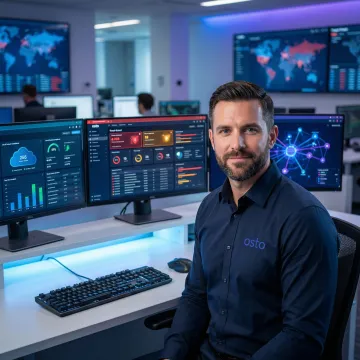 Cybersecurity professional monitoring a unified security dashboard with threat alerts and cloud infrastructure metrics