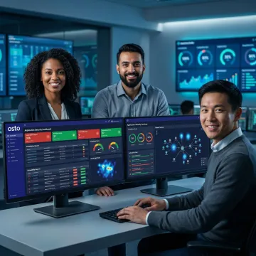 Security professionals reviewing application vulnerability scan results on a modern dashboard