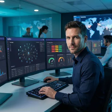 AI-powered cybersecurity consultant reviewing threat dashboard on multiple screens