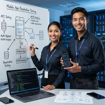 Step-by-step mobile application security testing process on a whiteboard with security analysts