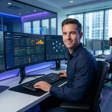 Cloud security professional monitoring a multi-cloud cybersecurity dashboard in Fort Lauderdale