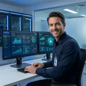 Healthcare IT security professional reviewing AI-powered threat dashboard on a hospital workstation
