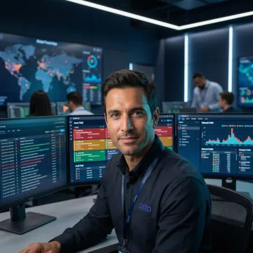 Security analyst reviewing event logs and audit trails on a cybersecurity monitoring dashboard