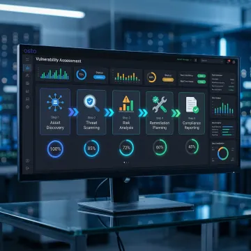 Step-by-step application vulnerability assessment process illustrated on a security platform dashboard