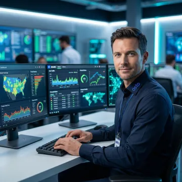 Cybersecurity professional monitoring a unified security dashboard for a Charlotte-based business