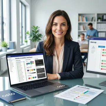 Accessibility specialist reviewing a website audit report on a laptop with WCAG compliance checklist