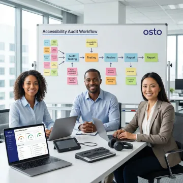 Accessibility testing team walkthrough showing audit workflow steps on a whiteboard