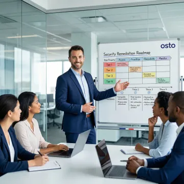 Cybersecurity advisor presenting a remediation roadmap on a whiteboard to a business team