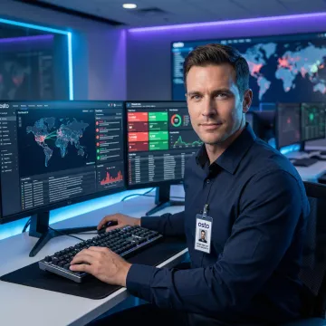 Cybersecurity consultant reviewing threat dashboard on multiple monitors in a modern office